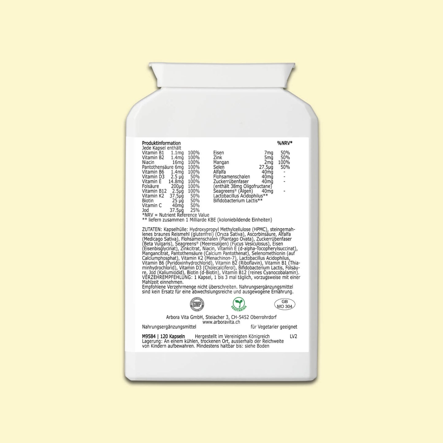 Zutaten von All-in-One – vegetarische Kapseln mit 17 Vitaminen und Mineralstoffen kombiniert mit Algen & Alfalfa, Ballaststoffen und Bakterienkulturen