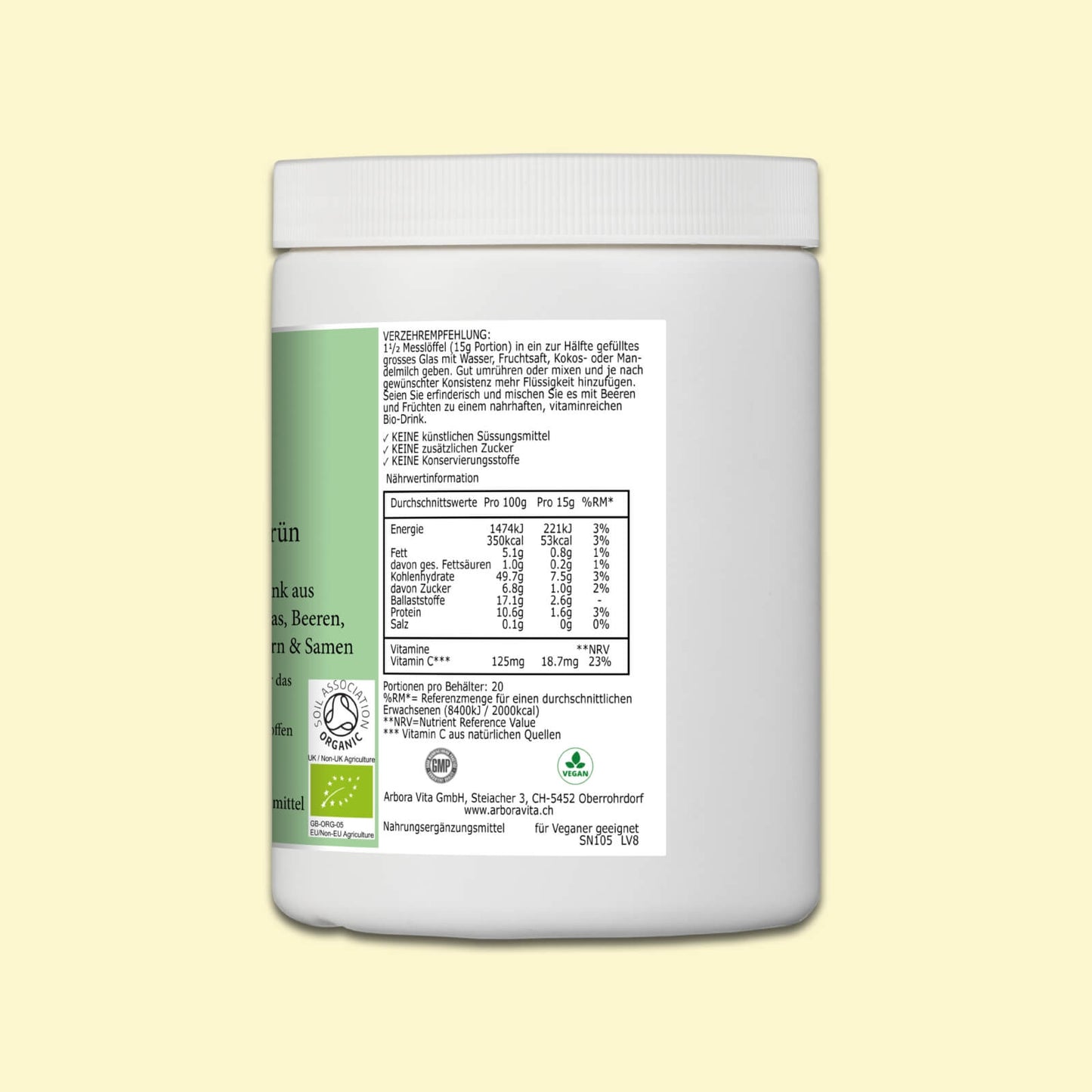 Nährwerte des veganen Bio Superfood Drinkpulvers Gesund & Grün – 40 pflanzliche Zutaten in bio-zertifizierter Qualität