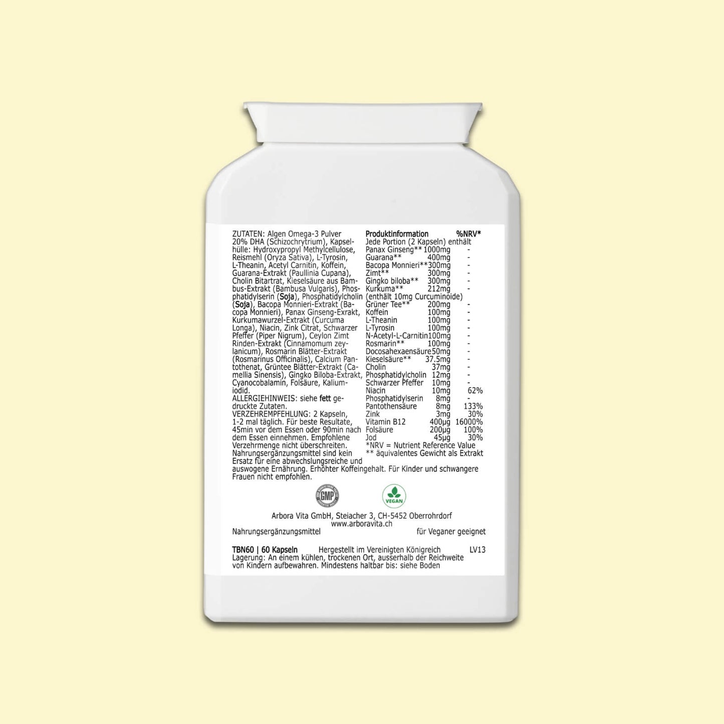 Zutaten und Nährwerte von Brain Power – pflanzliches Nahrungsergänzungsmittel zur Unterstützung der geistigen Leistung