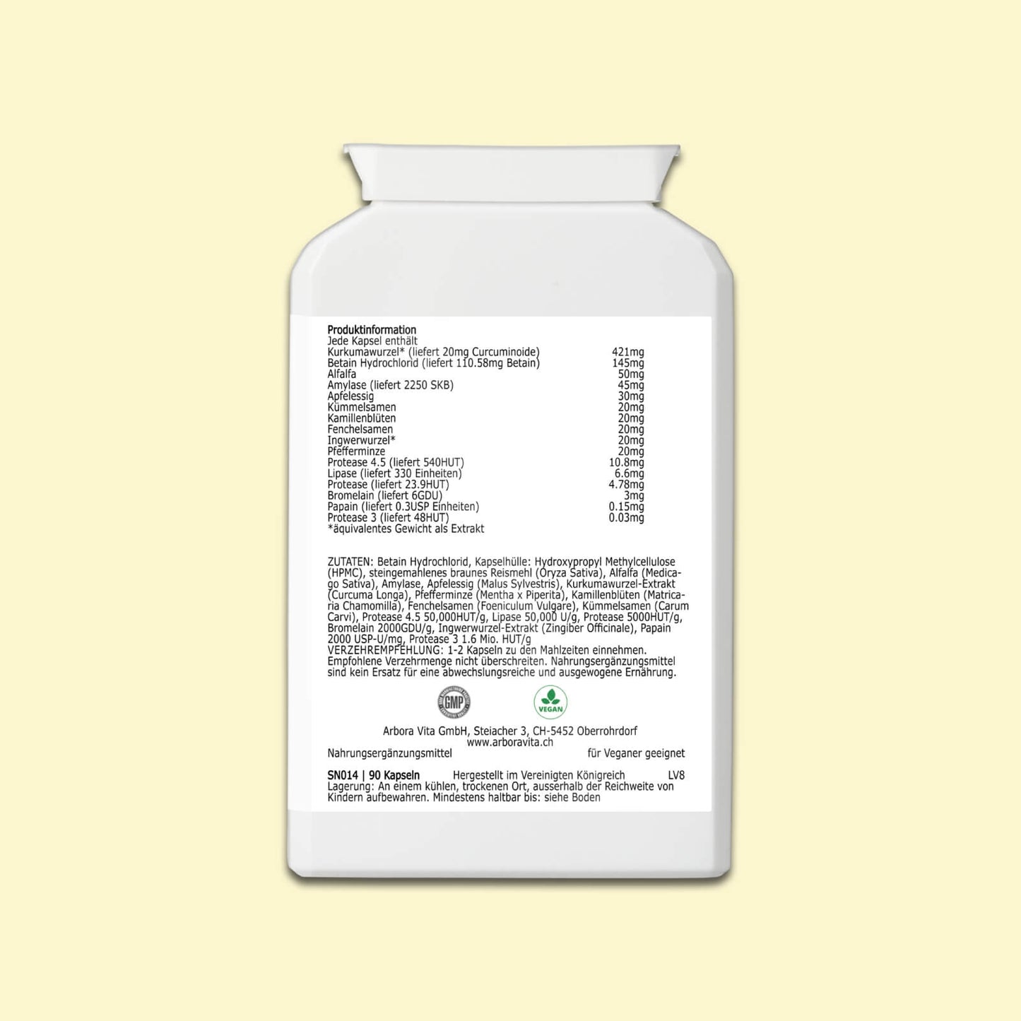 Zutaten der pflanzlichen Verdauungskapseln Digest Ease – Enzymkomplex mit Betain und ausgewählten Kräutern