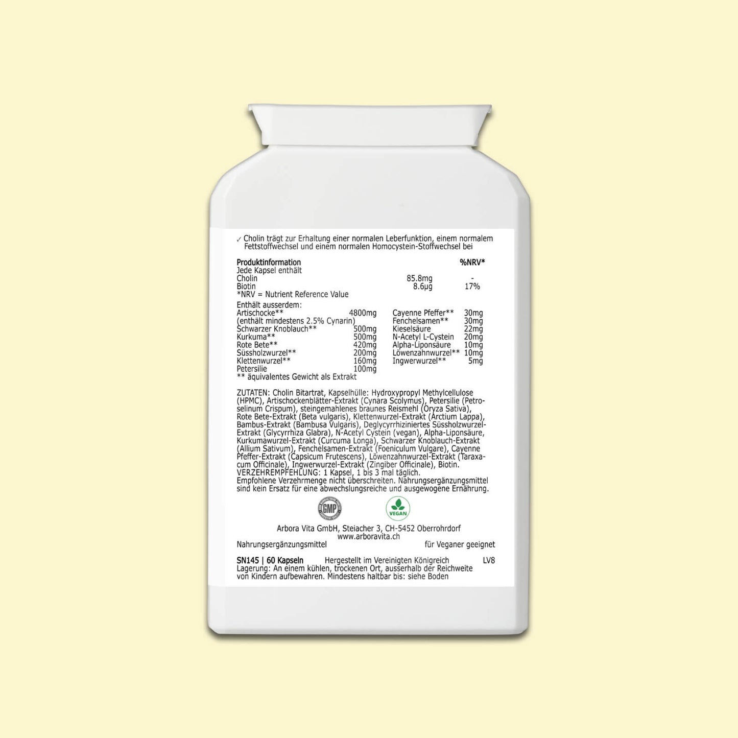 Zutaten der pflanzlichen Leber-Kapseln Liver Vitality mit Cholin, Bitterstoffen und Kräuterextrakten