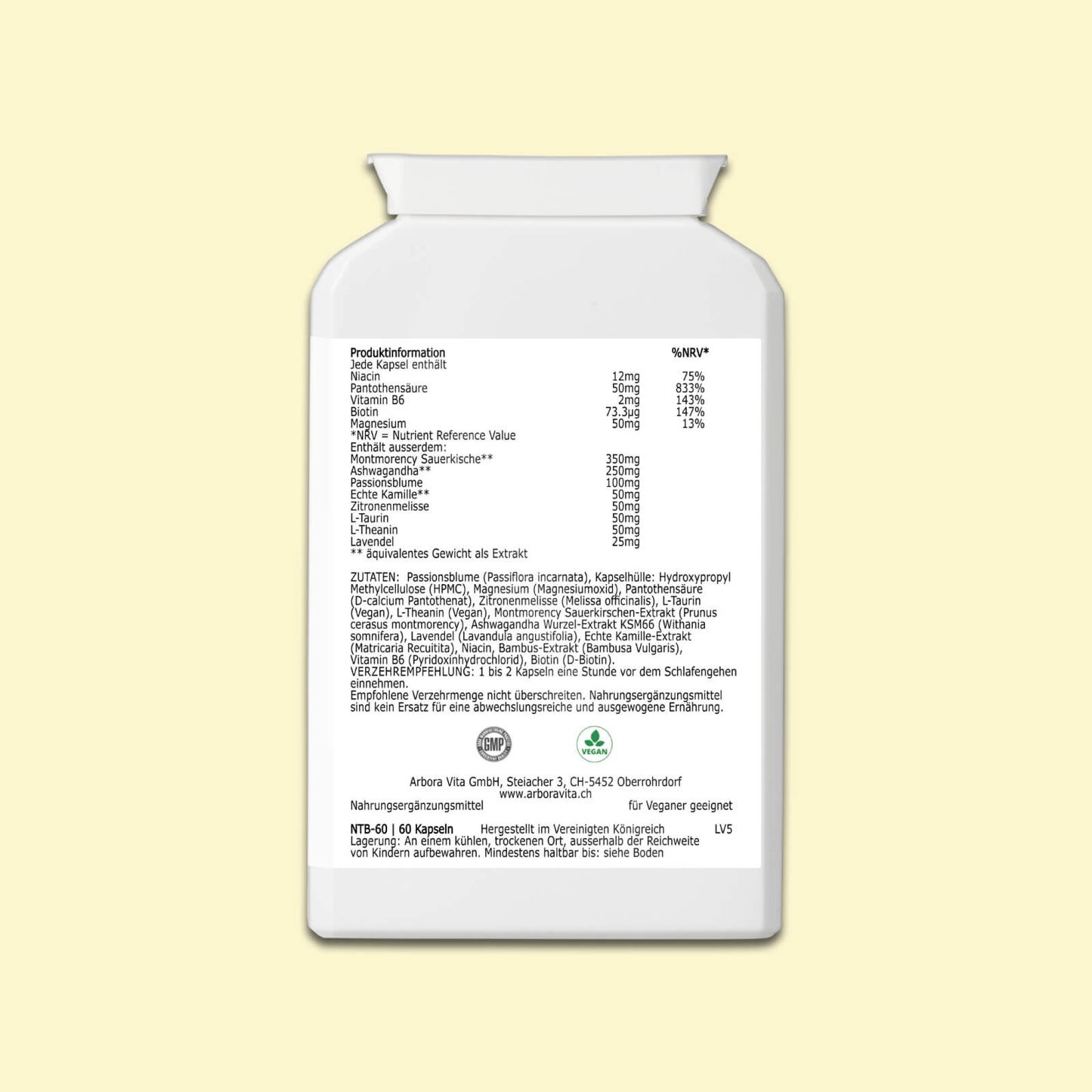 Zutaten und Nährwerte von Night Calm – pflanzliche Schlafmischung ohne Zusatzstoffe. Halal & koscher zertifiziert