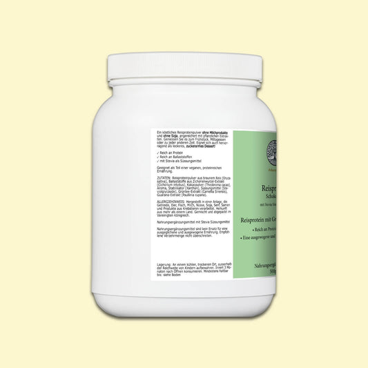 Zutaten des veganen Reisproteinpulvers mit Schokogeschmack – enthält Grüntee- und Guarana-Extrakt