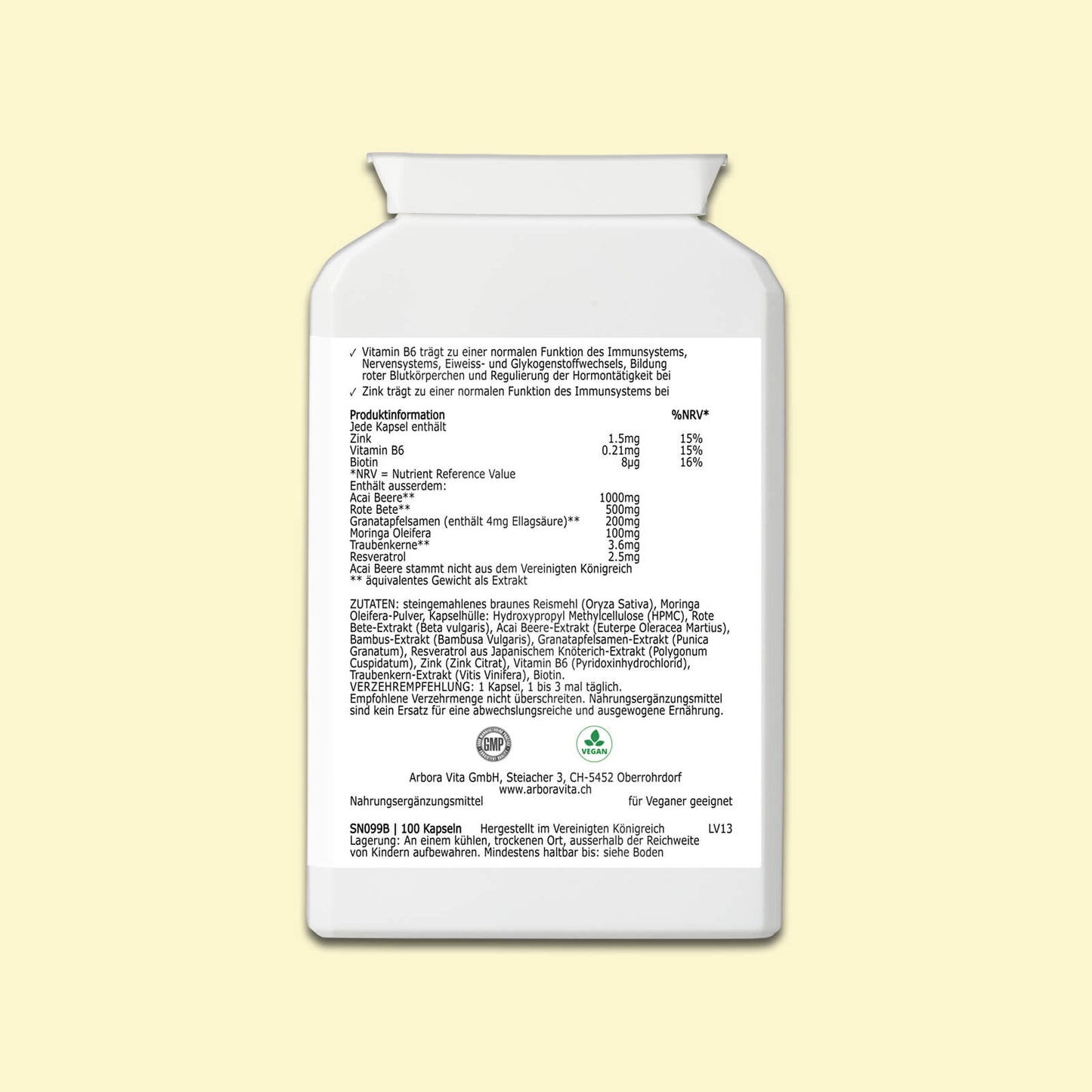 Zutaten und Nährwerte der Acai Immun Power Kapseln – vegan, ohne Zusatzstoffe, halal & koscher zertifiziert