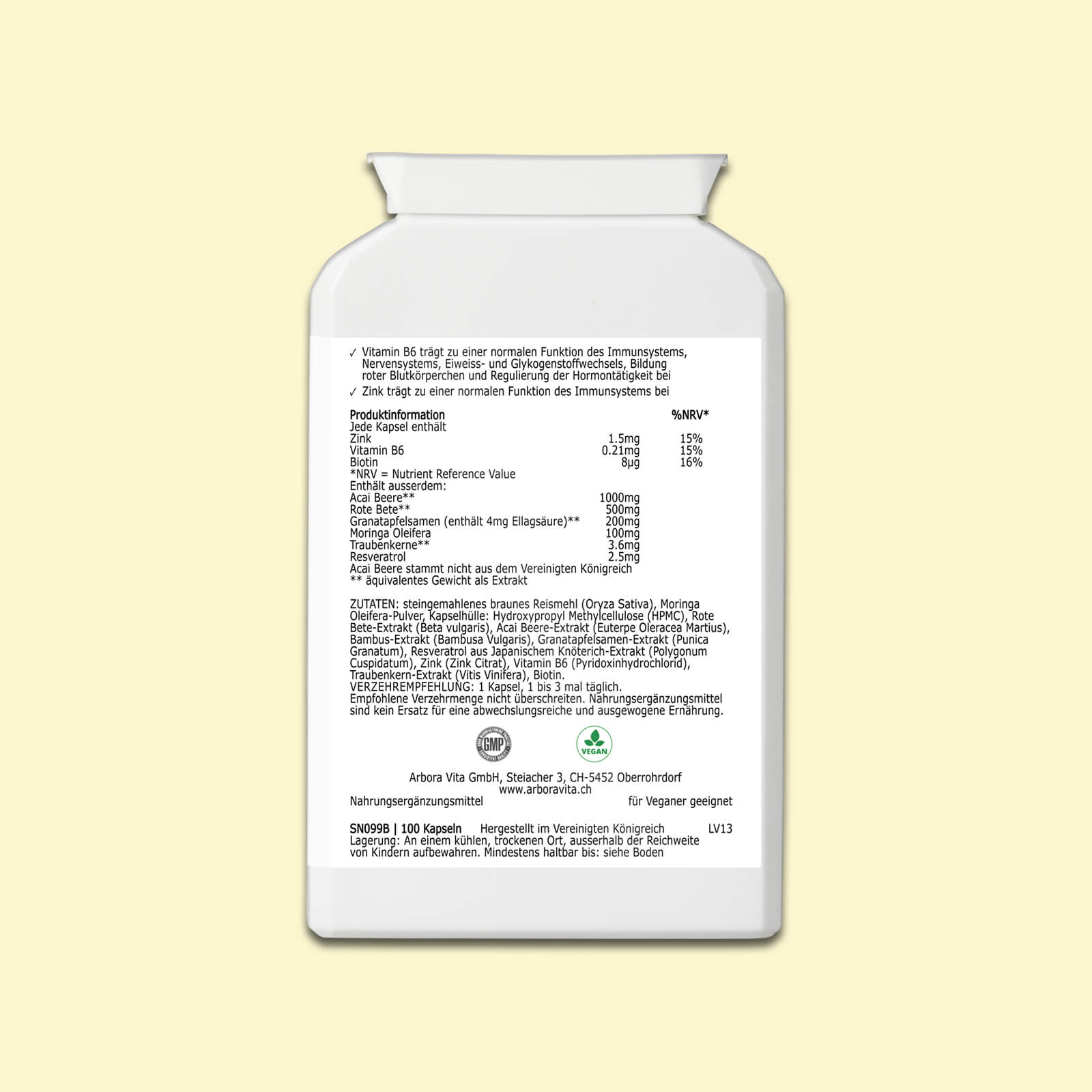 Zutaten und Nährwerte der Acai Immun Power Kapseln – vegan, ohne Zusatzstoffe, halal & koscher zertifiziert