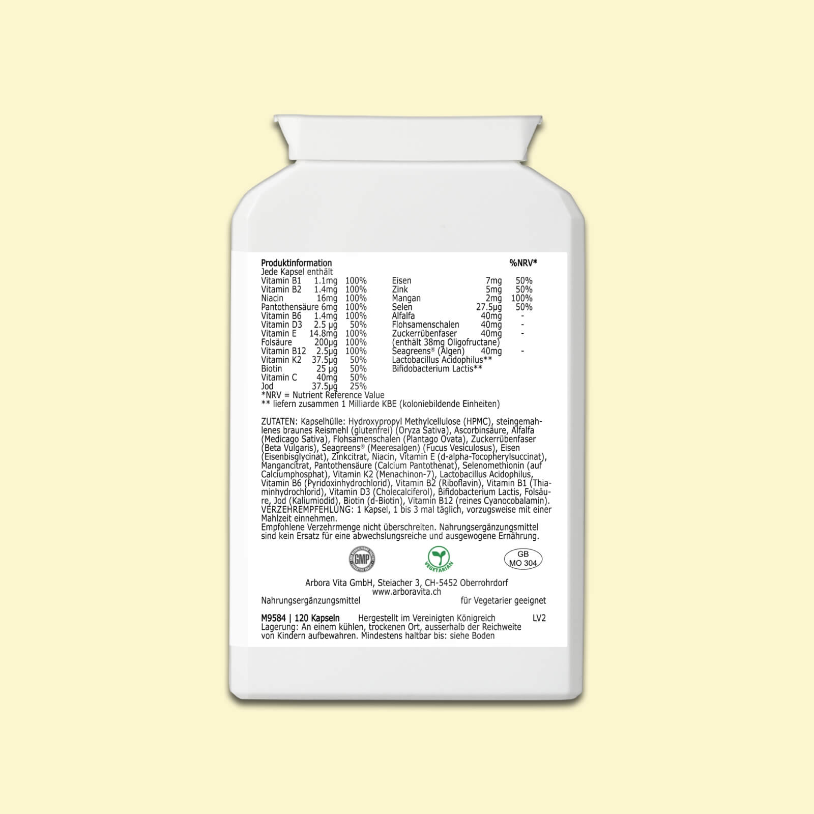 Zutaten von All-in-One – vegetarische Kapseln mit 17 Vitaminen und Mineralstoffen kombiniert mit Algen & Alfalfa, Ballaststoffen und Bakterienkulturen