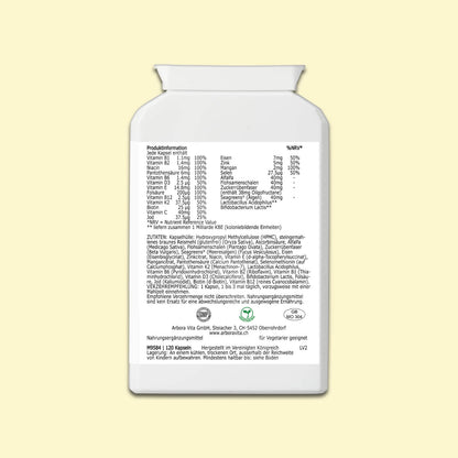 Zutaten von All-in-One – vegetarische Kapseln mit 17 Vitaminen und Mineralstoffen kombiniert mit Algen & Alfalfa, Ballaststoffen und Bakterienkulturen