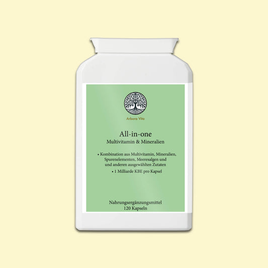 All-in-One – Multivitamin mit 17 Vitaminen & Mineralstoffen, Pflanzenstoffen, Ballaststoffen und Bakterienkulturen, vegetarisch und halal