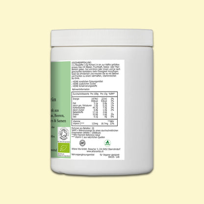 Nährwerte des veganen Bio Superfood Drinkpulvers Gesund & Grün – 40 pflanzliche Zutaten in bio-zertifizierter Qualität