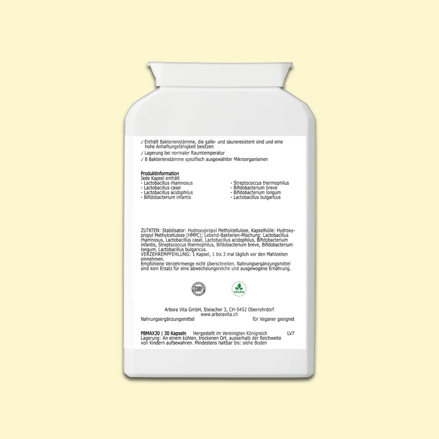 Zutaten von Biotic Balance – vegane probiotische Kapseln mit 20 Mrd. KBE pro Kapsel, säure- und galleresistent