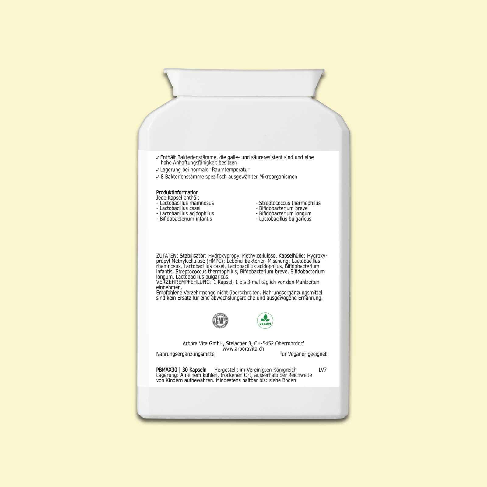 Zutaten von Biotic Balance – vegane probiotische Kapseln mit 20 Mrd. KBE pro Kapsel, säure- und galleresistent