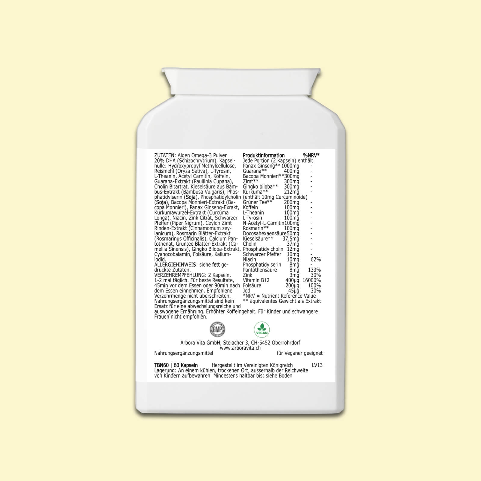 Zutaten und Nährwerte von Brain Power – pflanzliches Nahrungsergänzungsmittel zur Unterstützung der geistigen Leistung