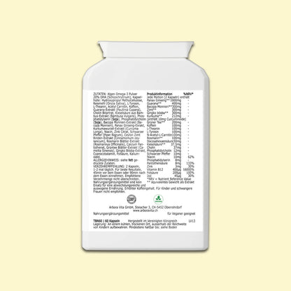 Zutaten und Nährwerte von Brain Power – pflanzliches Nahrungsergänzungsmittel zur Unterstützung der geistigen Leistung