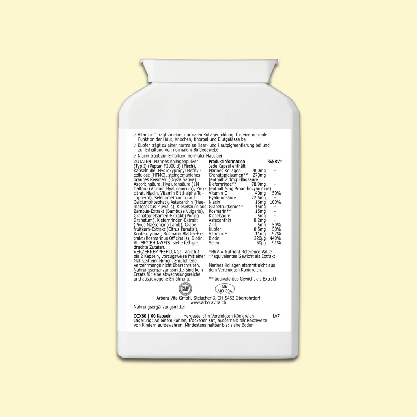 Zutaten von Collagen Beauty Complex Kapseln – Kombination aus Kollagen, Hyaluronsäure, Vitaminen und ausgewählten Pflanzenstoffen