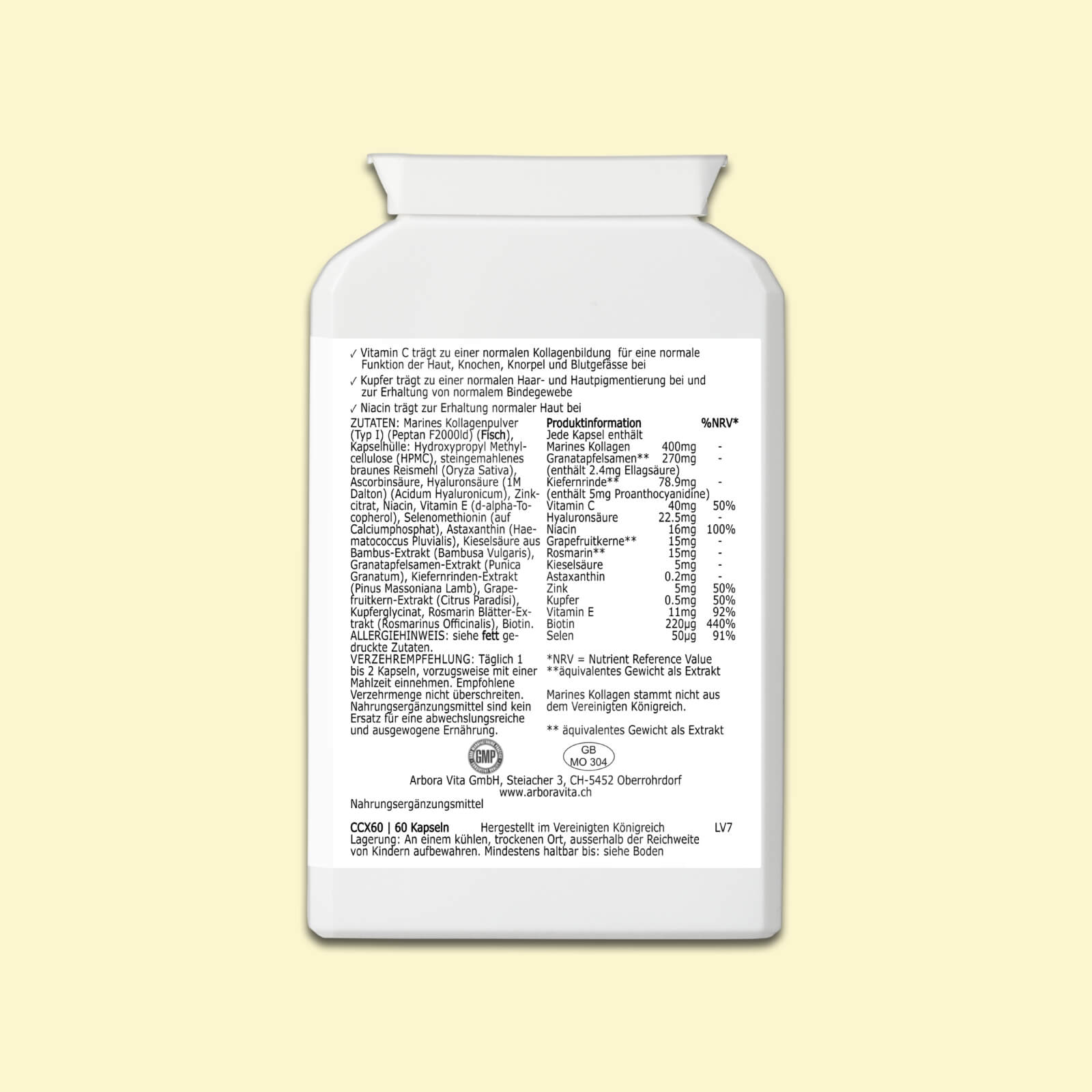 Zutaten von Collagen Beauty Complex Kapseln – Kombination aus Kollagen, Hyaluronsäure, Vitaminen und ausgewählten Pflanzenstoffen