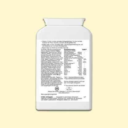Zutaten von Collagen Beauty Complex Kapseln – Kombination aus Kollagen, Hyaluronsäure, Vitaminen und ausgewählten Pflanzenstoffen
