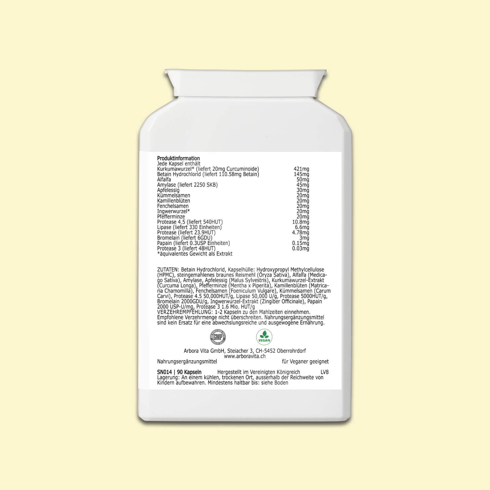 Zutaten der pflanzlichen Verdauungskapseln Digest Ease – Enzymkomplex mit Betain und ausgewählten Kräutern