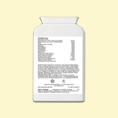 Zutaten der pflanzlichen Verdauungskapseln Digest Ease – Enzymkomplex mit Betain und ausgewählten Kräutern