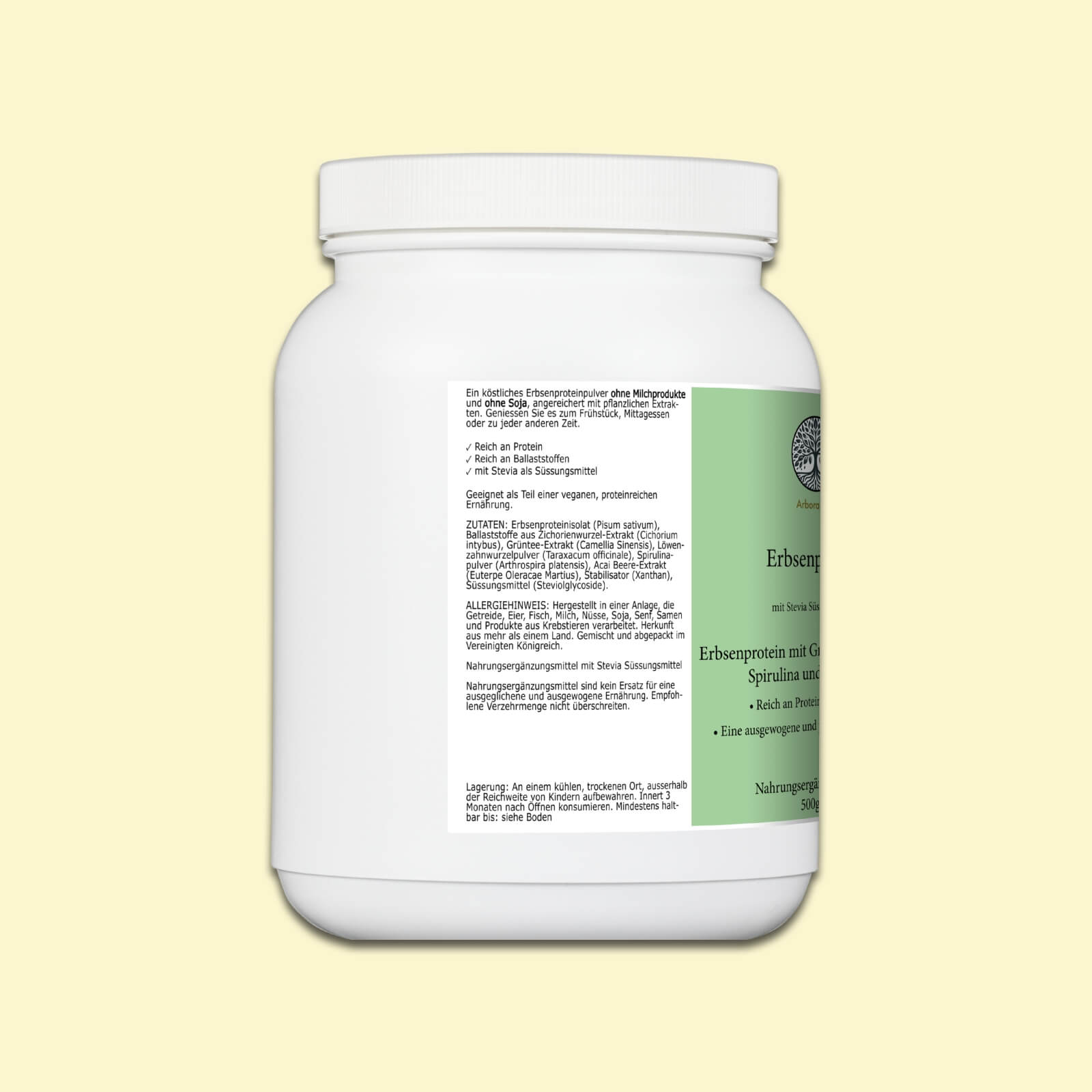 Zutaten des veganen Erbsenproteinpulvers – enthält Grüntee- und Acai-Extrakt sowie Löwenzahn- und Spirulinapulver