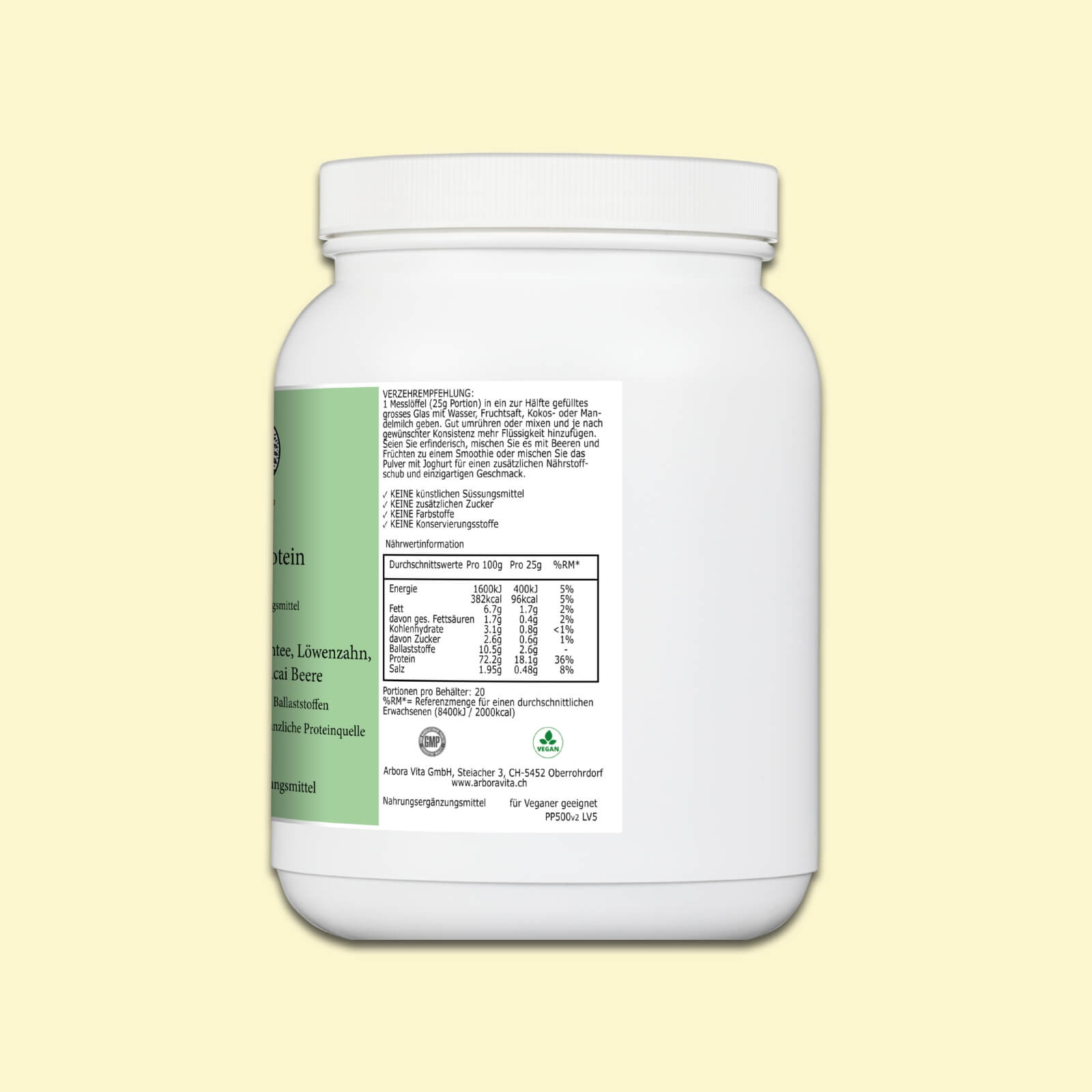 Nährwerte des veganen Erbsenproteinpulvers – pflanzliche Proteinquelle, reich an Ballaststoffen