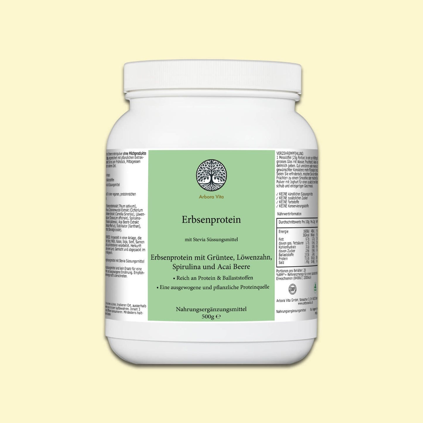 Erbsenproteinpulver – veganes, hypoallergenes Proteinpulver mit Grüntee, Acai, Spirulina und Löwenzahn. Pflanzliche Proteinquelle, reich an Ballaststoffen.