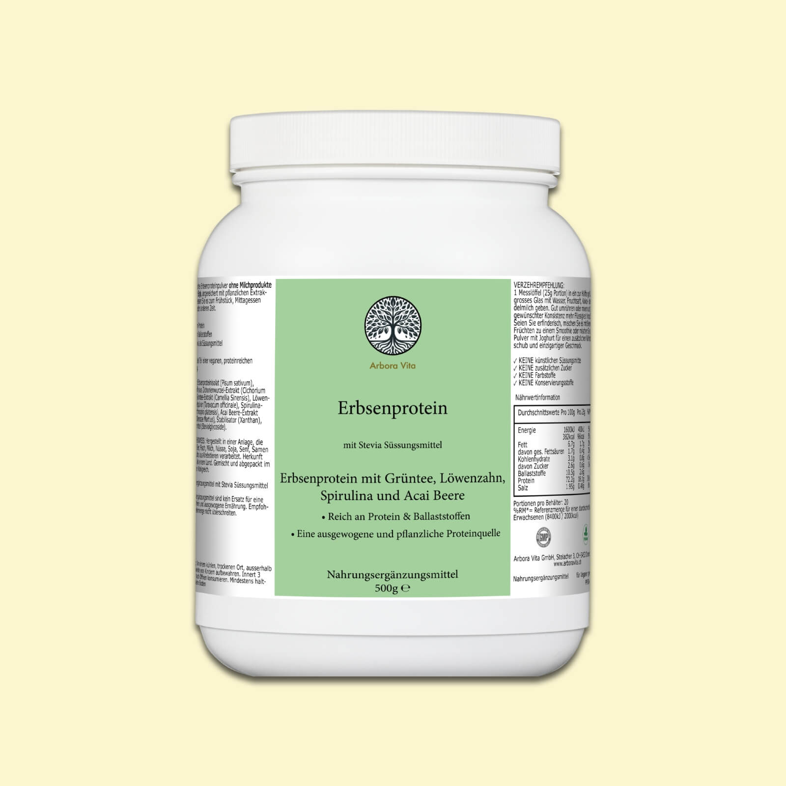 Erbsenproteinpulver – veganes, hypoallergenes Proteinpulver mit Grüntee, Acai, Spirulina und Löwenzahn. Pflanzliche Proteinquelle, reich an Ballaststoffen.