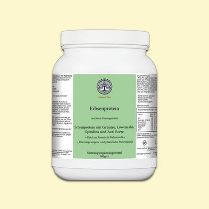 Erbsenproteinpulver – veganes, hypoallergenes Proteinpulver mit Grüntee, Acai, Spirulina und Löwenzahn. Pflanzliche Proteinquelle, reich an Ballaststoffen.