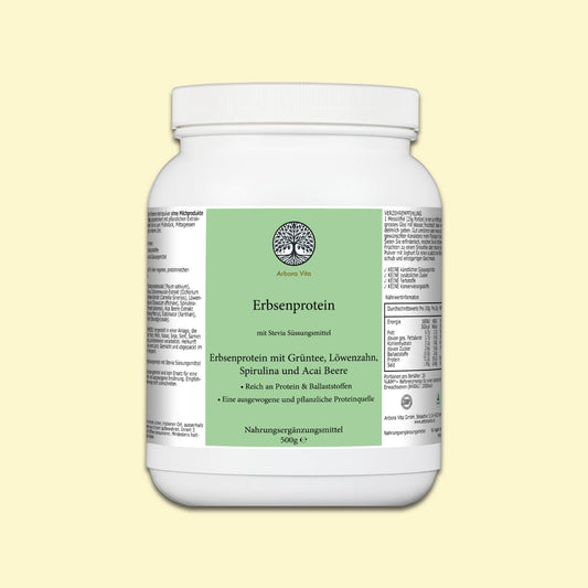 Erbsenproteinpulver – veganes, hypoallergenes Proteinpulver mit Grüntee, Acai, Spirulina und Löwenzahn. Pflanzliche Proteinquelle, reich an Ballaststoffen.