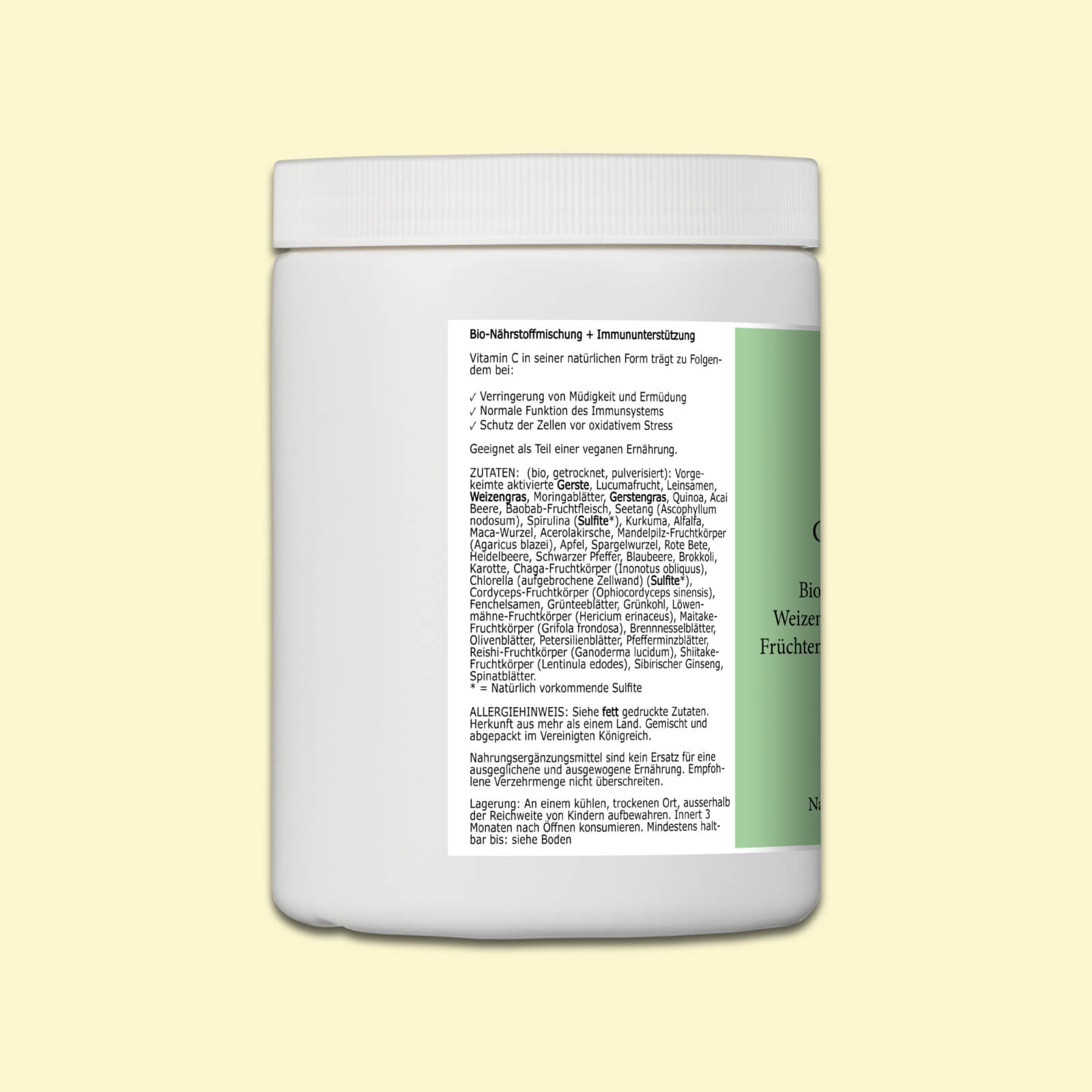 Zutaten des veganen Bio Superfood Drinkpulvers Gesund & Grün – enthält 40 pflanzliche Zutaten in bio-zertifizierter Qualität