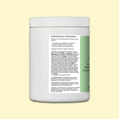 Zutaten des veganen Bio Superfood Drinkpulvers Gesund & Grün – enthält 40 pflanzliche Zutaten in bio-zertifizierter Qualität