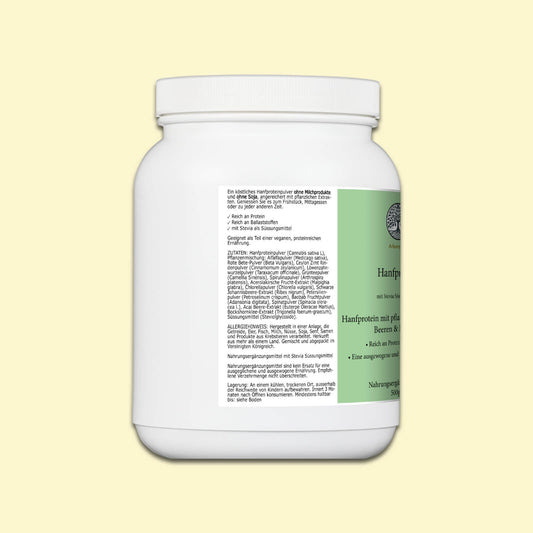 Zutaten des veganen Hanfproteinpulvers mit 14 hochwertigen Pflanzenextrakten