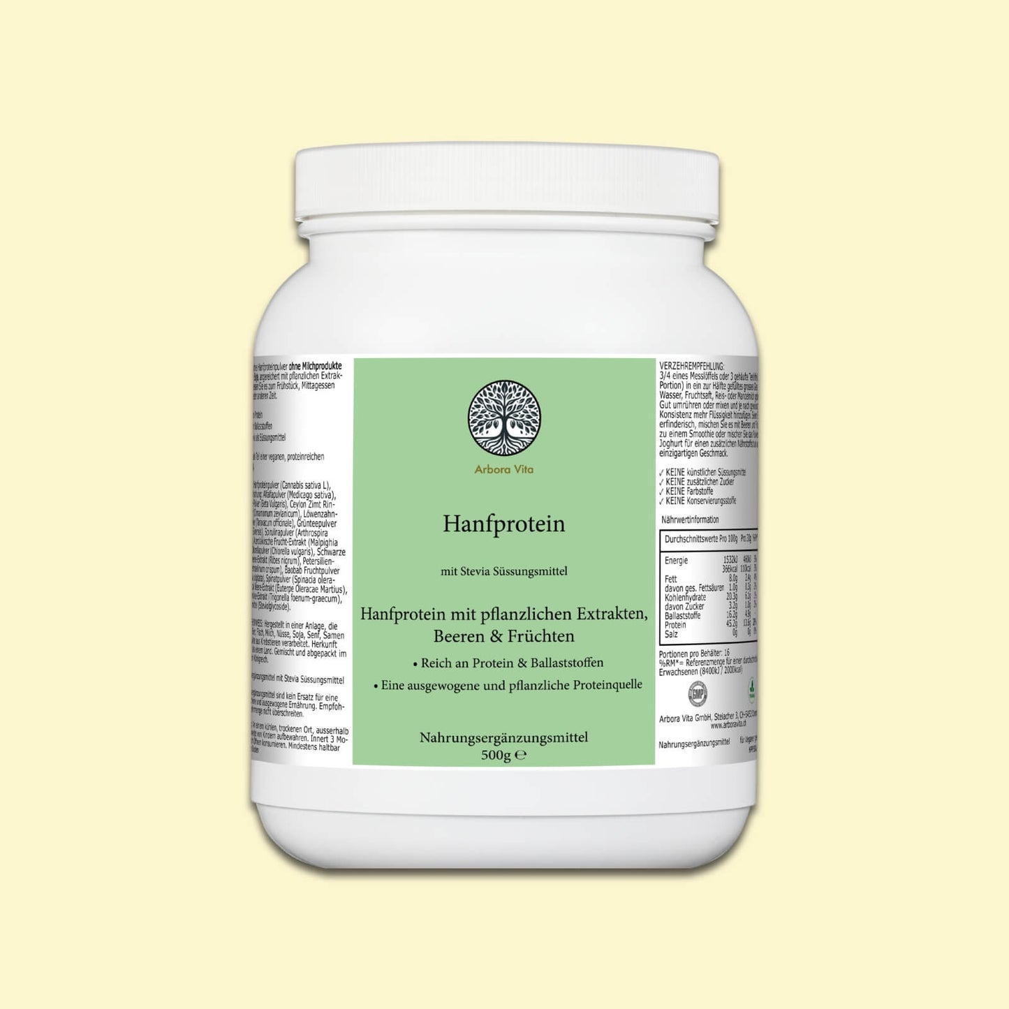 Hanfproteinpulver – veganes, ausgewogenes Proteinpulver mit 14 hochwertigen Pflanzenextrakten. Pflanzliche Proteinquelle, reich an Ballaststoffen.