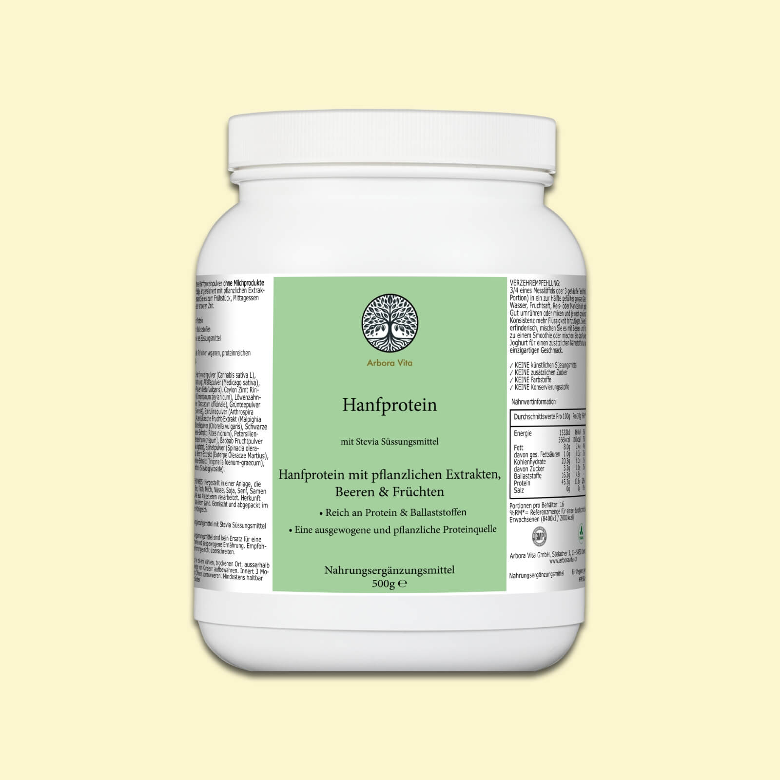 Hanfproteinpulver – veganes, ausgewogenes Proteinpulver mit 14 hochwertigen Pflanzenextrakten. Pflanzliche Proteinquelle, reich an Ballaststoffen.