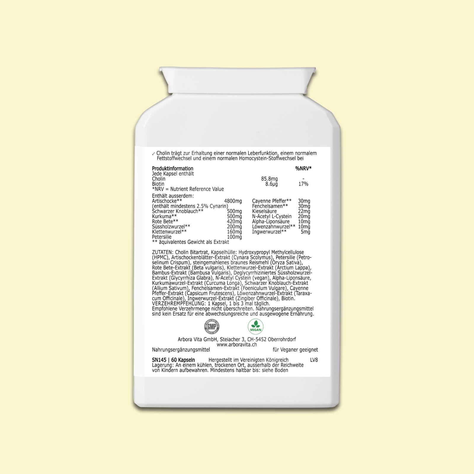 Zutaten der pflanzlichen Leber-Kapseln Liver Vitality mit Cholin, Bitterstoffen und Kräuterextrakten