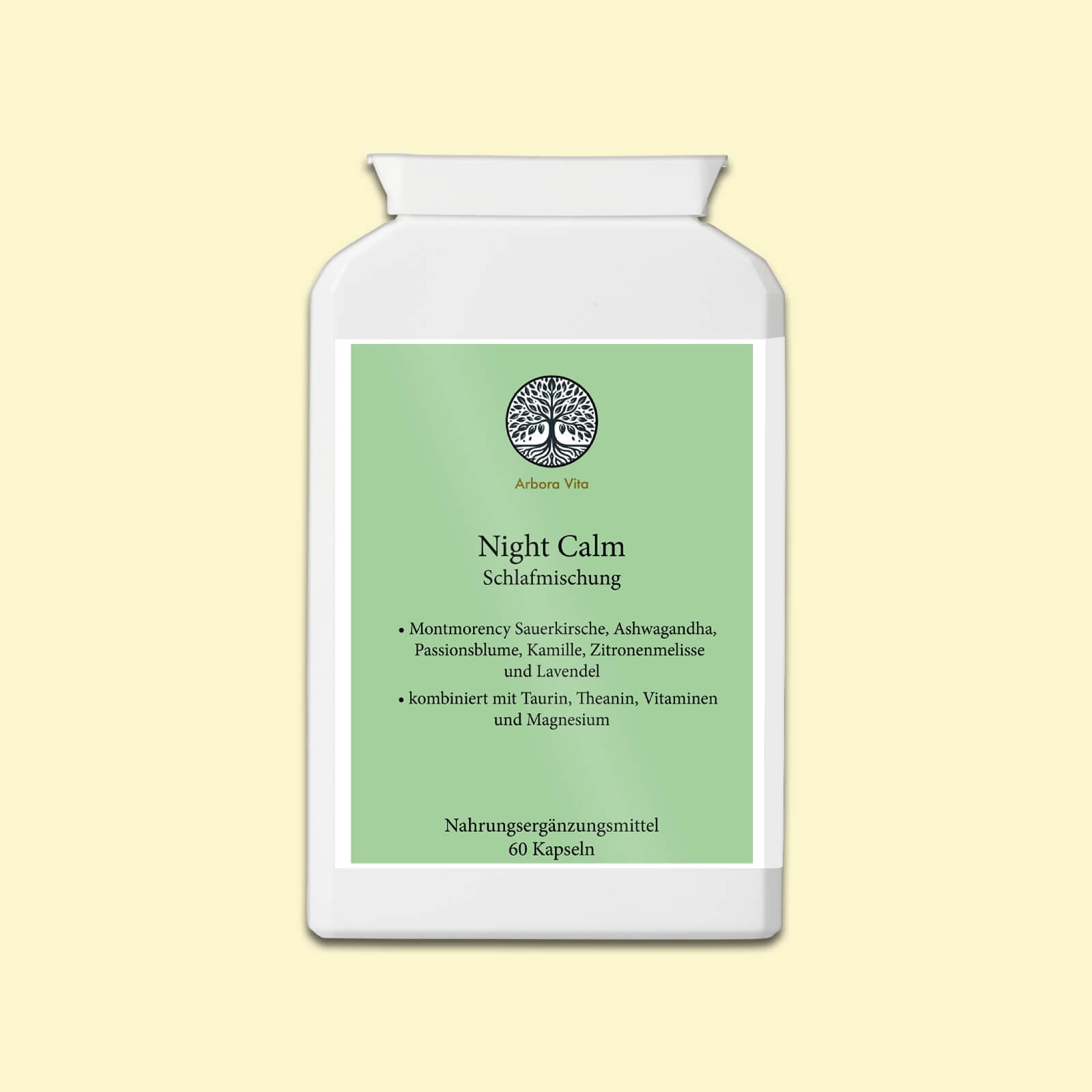 Night Calm – vegane Einschlaf-Kapseln mit Montmorency Sauerkirsche, Ashwagandha, Lavendel, Theanin – halal und koscher zertifiziert