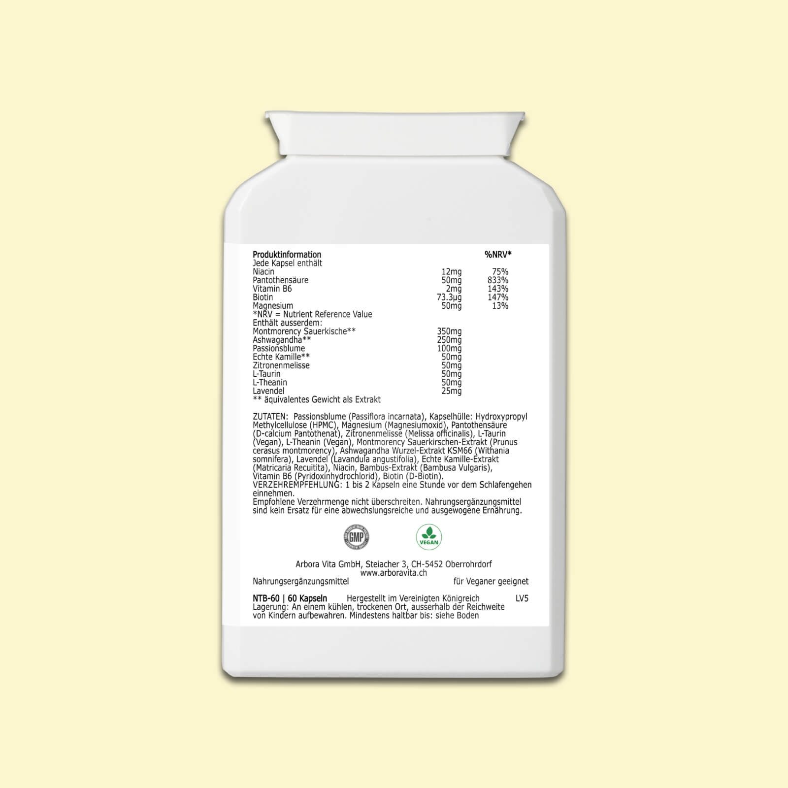 Zutaten und Nährwerte von Night Calm – pflanzliche Schlafmischung ohne Zusatzstoffe. Halal & koscher zertifiziert