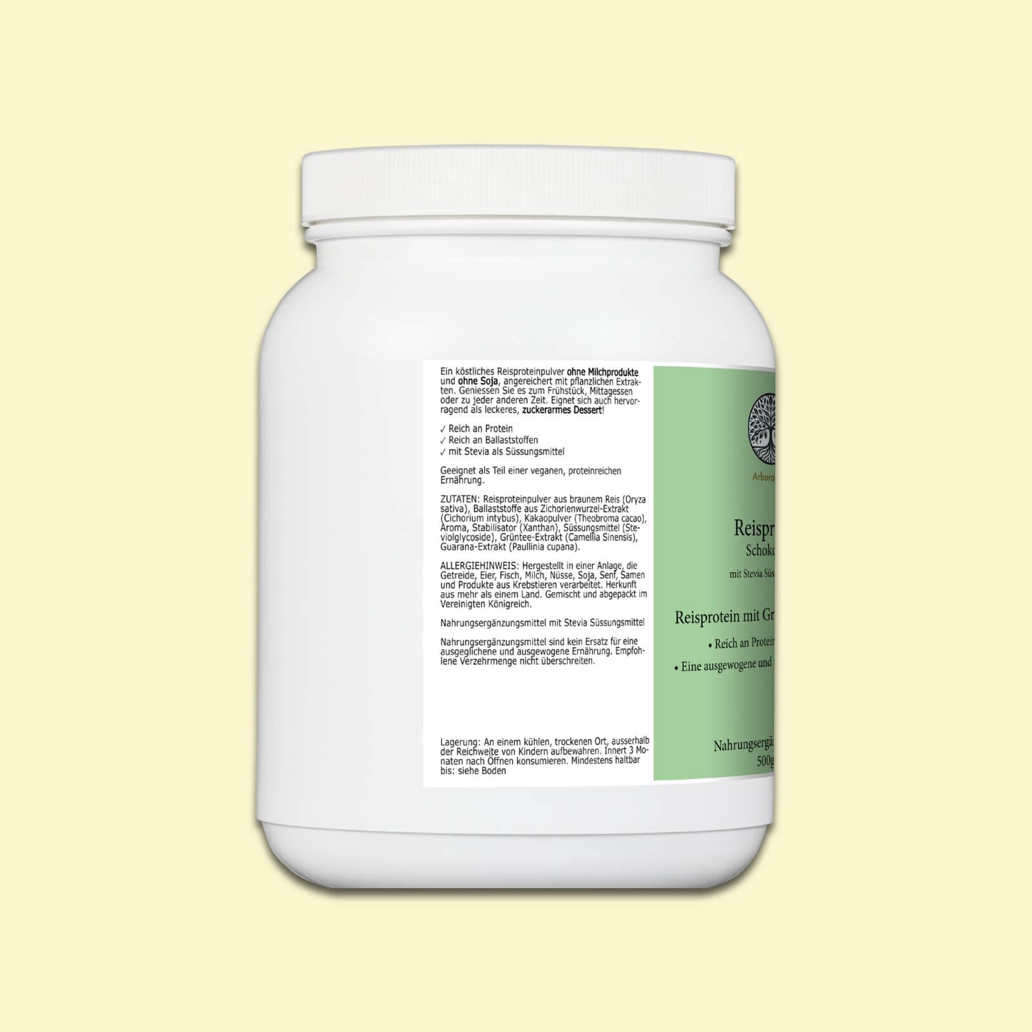 Zutaten des veganen Reisproteinpulvers mit Schokogeschmack – enthält Grüntee- und Guarana-Extrakt