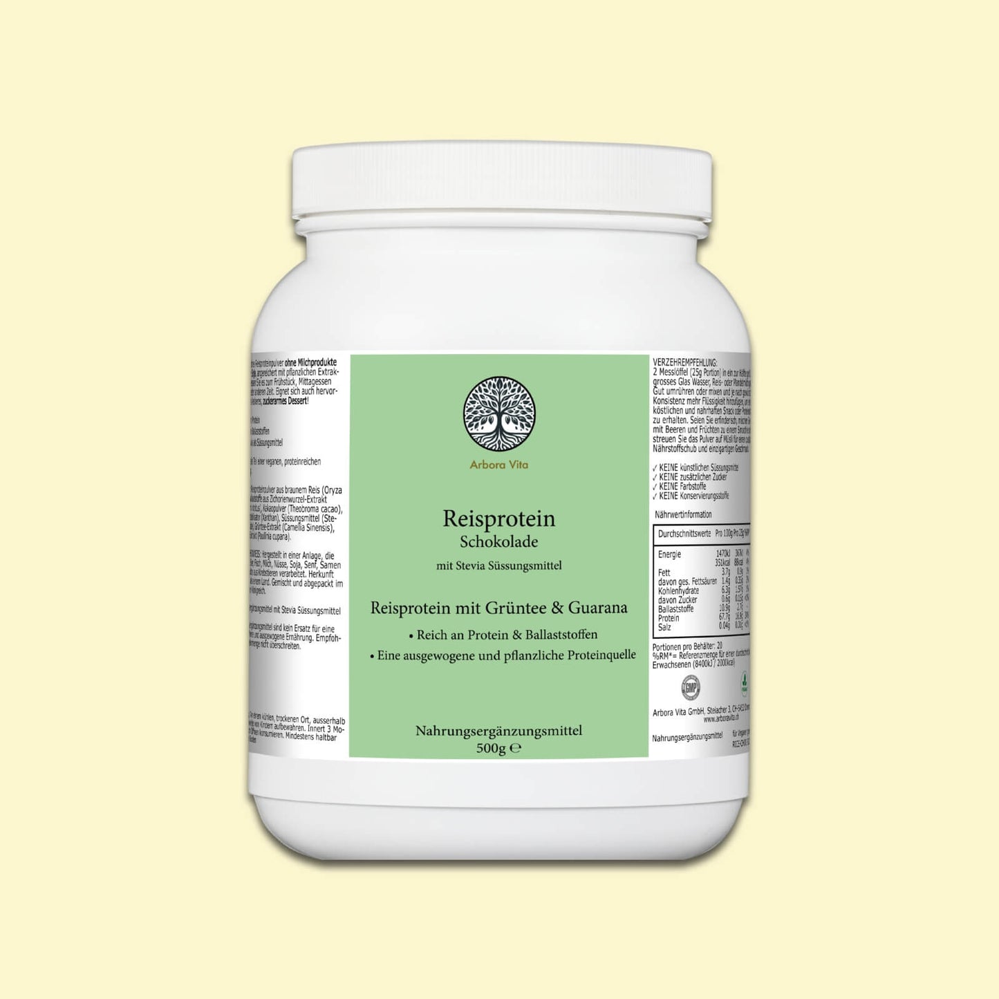 Reisproteinpulver mit Schokoladengeschmack – veganes, leicht verdauliches Proteinpulver mit Grüntee- und Guarana-Extrakt