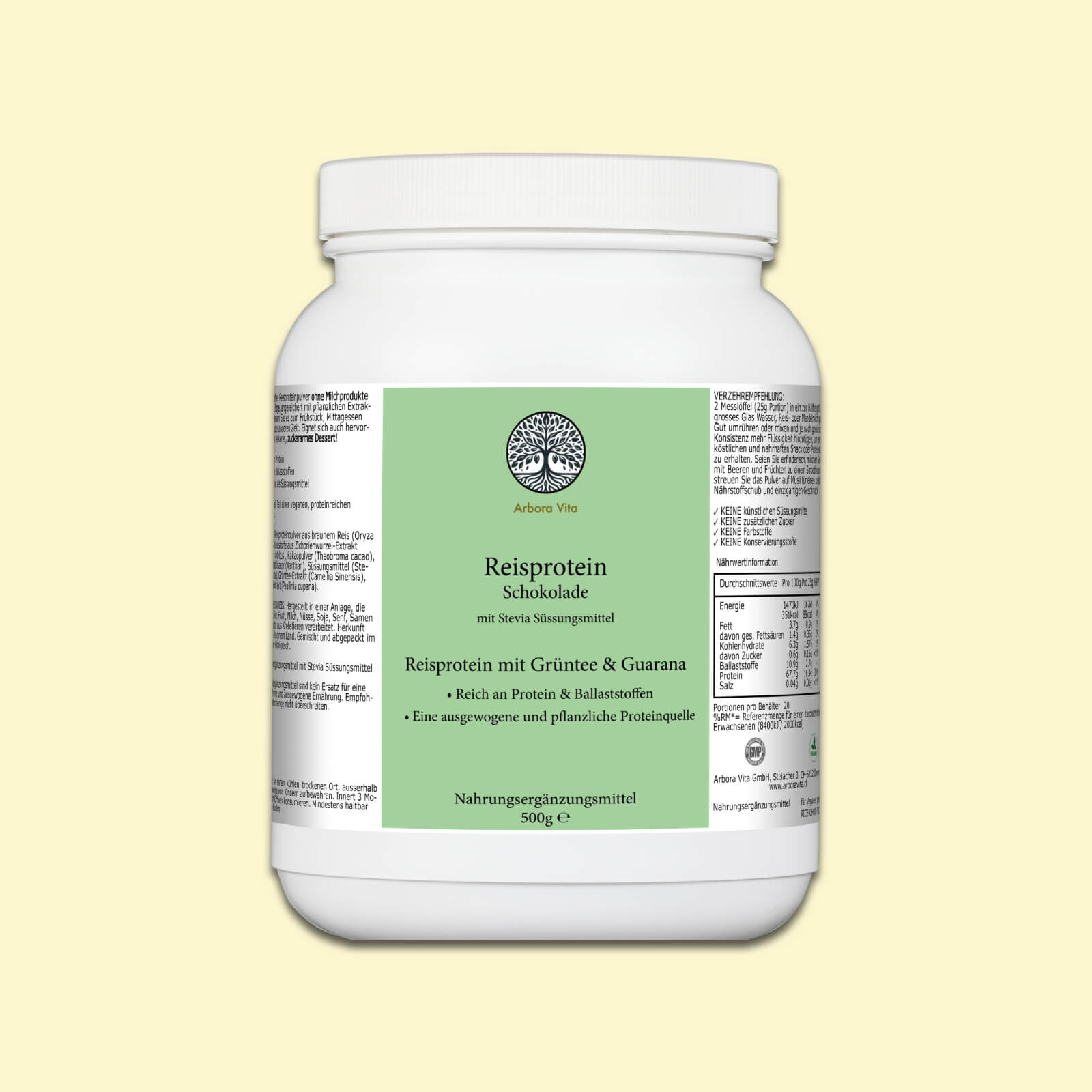 Reisproteinpulver mit Schokoladengeschmack – veganes, leicht verdauliches Proteinpulver mit Grüntee- und Guarana-Extrakt