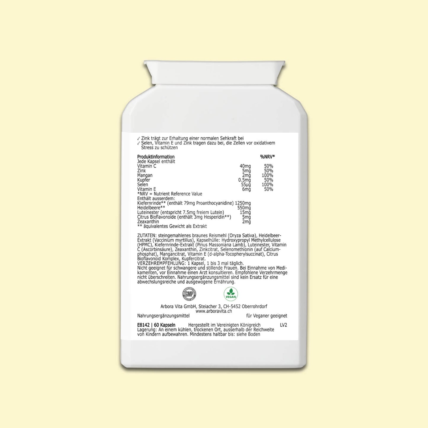 Zutaten und Nährwertangaben der pflanzlichen Augen-Kapseln Vision – mit Bioflavonoiden, Heidelbeerextrakt und Kiefernrindenextrakt