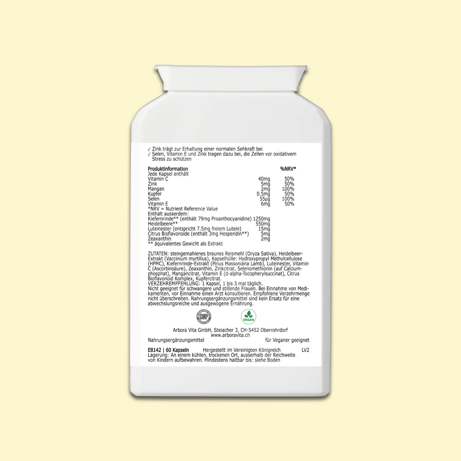 Zutaten und Nährwertangaben der pflanzlichen Augen-Kapseln Vision – mit Bioflavonoiden, Heidelbeerextrakt und Kiefernrindenextrakt