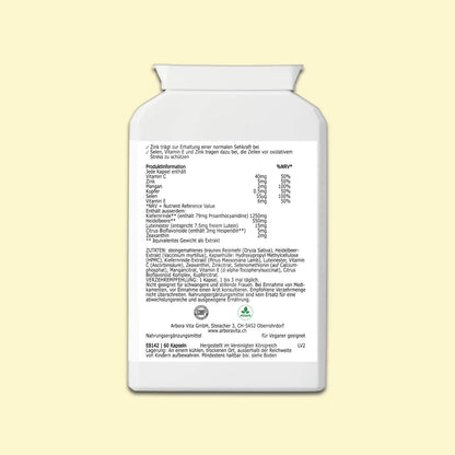 Zutaten und Nährwertangaben der pflanzlichen Augen-Kapseln Vision – mit Bioflavonoiden, Heidelbeerextrakt und Kiefernrindenextrakt